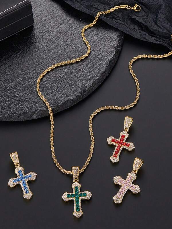 1pc Punk/Hip-Hop Style Rhinestone Embellished Cross Shaped Glass Pendant Long Necklace, Suitable For Men's Party Or Daily Wear, Also Can Be Given As Men's Holiday Gift