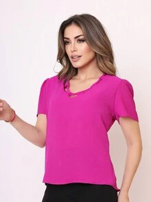 LAN FASHION Women's Blouse Short Sleeve Dune Fabric - 玫瑰紅 - 查看 3