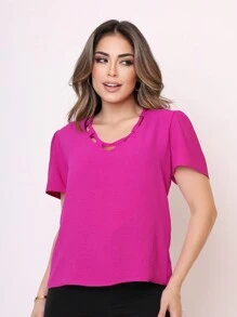 LAN FASHION Women's Blouse Short Sleeve Dune Fabric - 玫瑰紅 - 查看 1