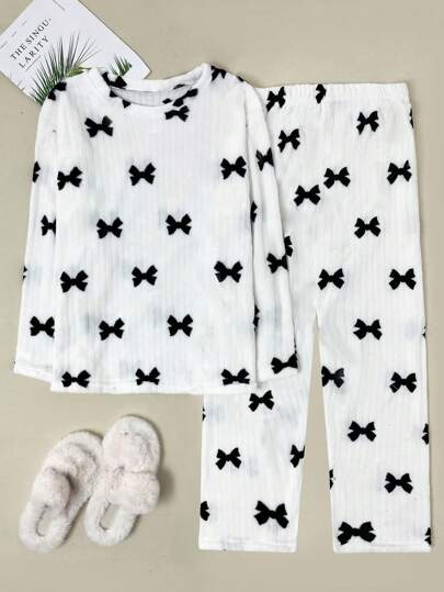 Coral Fleece Bow Sleepwear Pajama Set, Fluffy Pajamas, Minimalist Printed Nightwear Suit, Two Pieces Fall Clothes, Cozy view 6