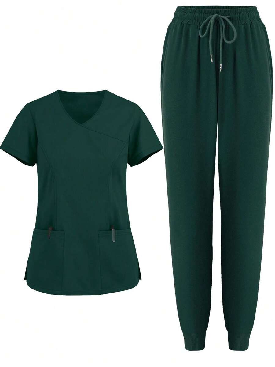 Women Scrubs Uniform Set, Elastic Sports Nurse  Work Clothes With Pockets, Breathable Scrub Jacket And Pants - Dark Green - View 1