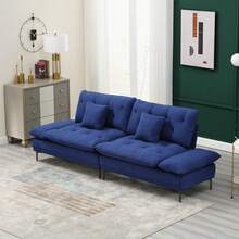 102.36" Overstuffed Tufted Upholstered Couch Cloud Futon Sofa Bed, Modern Adjustable Armrests 3 Seater Couch Loveseat Sofa, Convertible Sleeper Sofabed Couches For Living Room Office Apartment - 藍色 - 查看 2