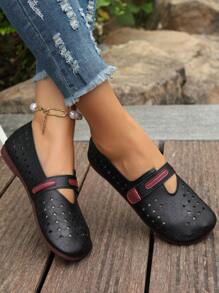 Zapatos planos elegantes con calado para mujer, zapatos tipo slip-on cómodos con calado, mocasines casuales con suela suave antideslizante y cierre de gancho y bucle