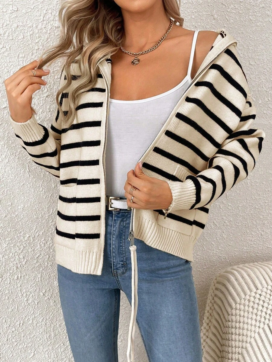 Striped Long Sleeve Zip-Up Slim-Fit Cardigan For Women - Apricot - View 1