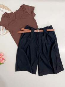 Women's Linen Shorts/Plinsaso/With Belt Loops/Knife Pocket/Comes With Belt - 黑2 - 查看 1