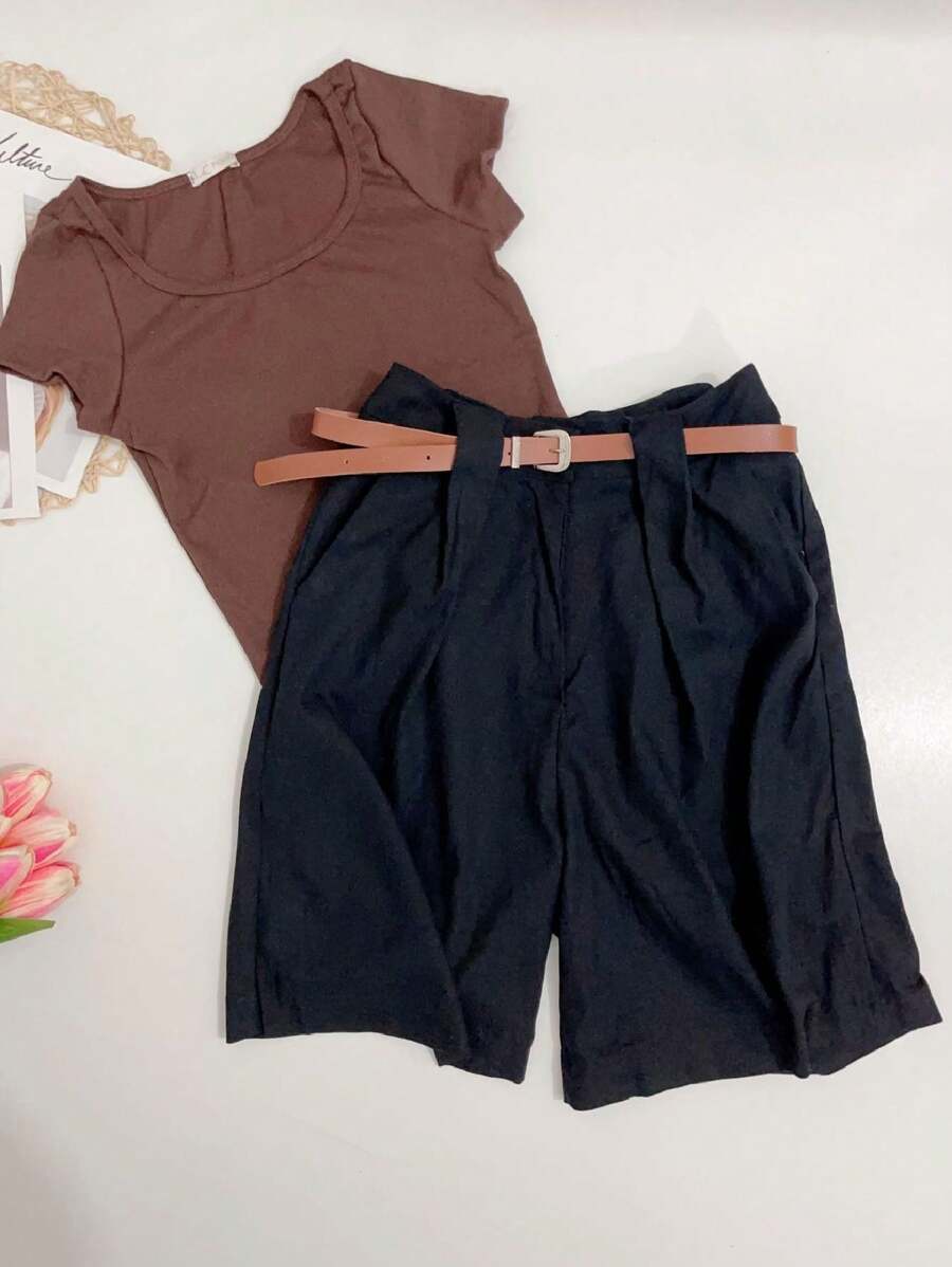 Women's Linen Shorts/Plinsaso/With Belt Loops/Knife Pocket/Comes With Belt - 黑2 - 查看 1