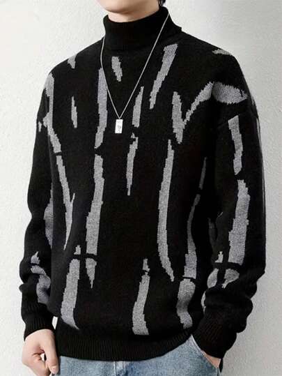 男士不对称图案拼色长袖毛衣，秋冬，秋季