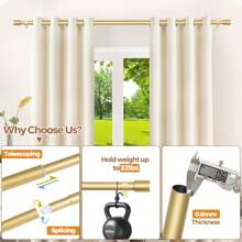 1pc Long Curtain Rods, Adjustable Splicing Window Curtains Rod, 3/4 Drapery Rods For Windows, Decorative Single Rod With Modern Cap Finial, Available 32" - 144" Inches, Black/Bronze/Gold/Silver - Gold - View 3