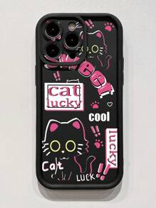 1pc Pink Striped Lucky Black Cat Anti-Fingerprint Matte Black Sandblasted Phone Case Compatible With Apple/Samsung/Xiaomi/TECNO/Infinix/Vivo/Oppo