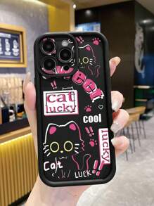 1pc Pink Striped Lucky Black Cat Anti-Fingerprint Matte Black Sandblasted Phone Case Compatible With Apple/Samsung/Xiaomi/TECNO/Infinix/Vivo/Oppo