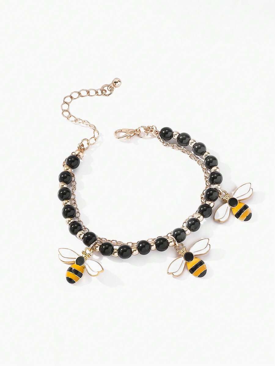 1 pieza Pulsera con dije de abeja, pulsera con dije de abejorro, joyería de abeja, joyería de abeja negra y dorada, pulsera con dije de insecto - Multicolor - Ver 1