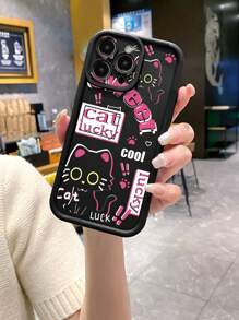 1pc Pink Striped Lucky Black Cat Anti-Fingerprint Matte Black Sandblasted Phone Case Compatible With Apple/Samsung/Xiaomi/TECNO/Infinix/Vivo/Oppo