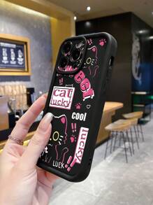 1pc Pink Striped Lucky Black Cat Anti-Fingerprint Matte Black Sandblasted Phone Case Compatible With Apple/Samsung/Xiaomi/TECNO/Infinix/Vivo/Oppo