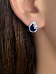 1 Đôi Bông Tai Sapphire Phòng Thí Nghiệm Cao Cấp Được Khảm Moissanite, Bông Tai Bạc 925 Mạ Bạch Kim Chất Lượng Cao Thích Hợp Làm Quà Tặng Và Đeo Hàng Ngày - Xanh đậm - Xem 2