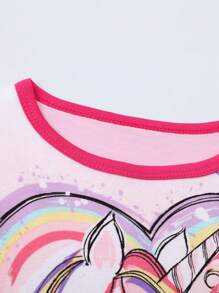 2 件套女童独角兽印花图案圆领长袖长裤睡衣套装，春夏秋冬