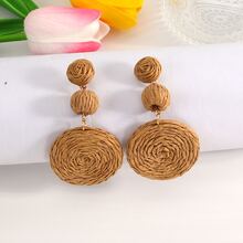 1pair Bohemian Style Raffia Geometric Round Tassel Earrings For Women, Suitable For Daily Wear And Beach Vacation - Brown - View 7