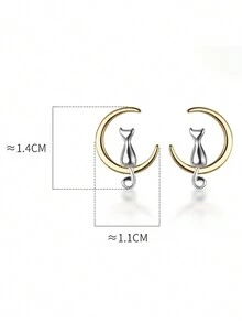 1 Đôi bông tai bạc 925 hai tông màu hình mèo và trăng lưỡi liềm, trang sức động vật nhỏ nhắn, ngộ nghĩnh, không gây dị ứng, dành cho nữ, món quà hoàn hảo - Bạc - Xem 6