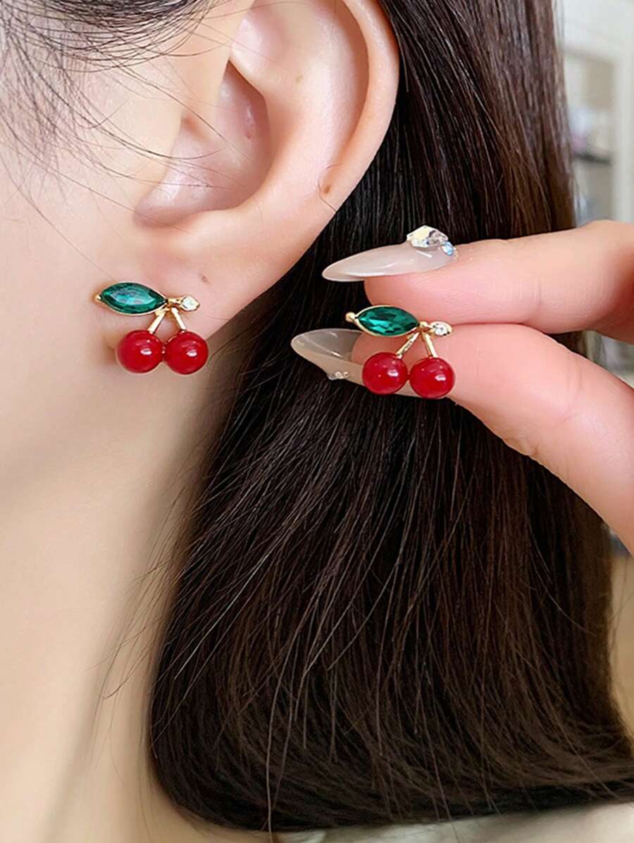 Sanrio 2 pares/Set de pendientes de perla con decoración de cereza vintage, pendientes dulces y lindos, pendientes de estilo retro francés estilo palacio, pendientes de moda