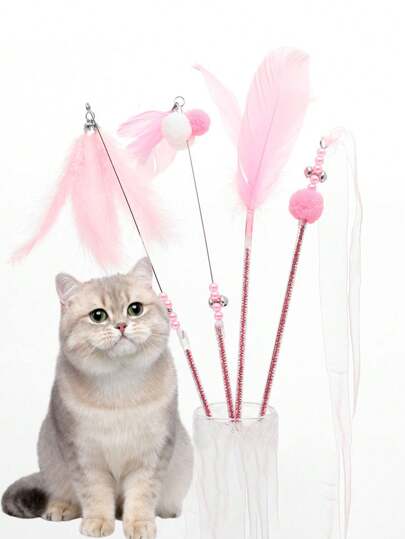 4pcs Feather Decorated Cat Tease Fairy Stick With Bell, Cat Interactive Toy, Fairy Tease Cat Stick Toy With Bite Resistant Feather With Bell Long Pole Fighting Cat Stick, Self-Amusement Amusement