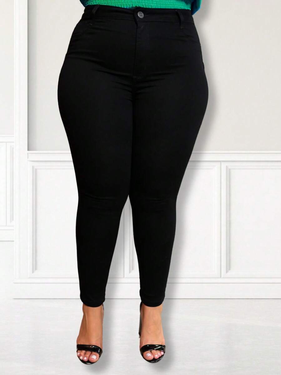 Plain 's Jeans Plus Size Basic With Lycra High Waist Skinny New Release - màu đen - Xem 1