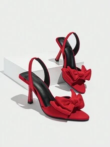Clariva Women's Pointed Toe Satin High Heel Sandals With Bow Decor, Elastic Ankle Strap, Suitable For Party, Daily Wear, Wedding, Gathering, Casual Holiday, Elegant Commute, Summer Fashion, Red Color - Red - View 8