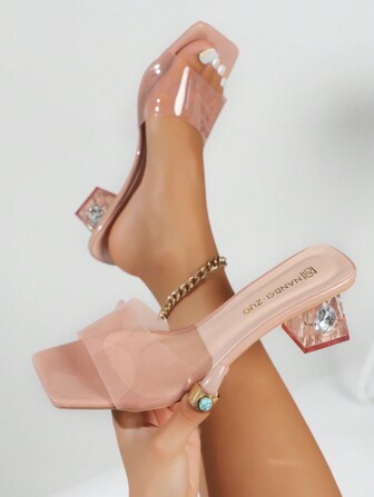 Women's Pink Transparent Strap Elegant Peep Toe Rhinestone Crystal Heel Design High Heel Sandals, Fashionable And Versatile Large Size High Heel Slippers With Anti-Slip And Wear-Resistant, Suitable For All Occasions