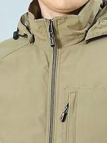 1pc Men's Outdoor Windbreaker Jacket, Multi-Pocket Khaki Hooded Sportswear Coat