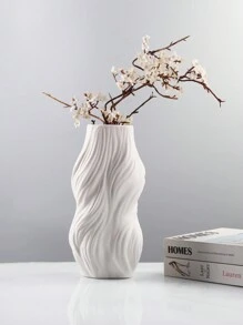 1 件现代陶瓷外观塑料花瓶 - 纹理波浪表面简约房间装饰，轻巧耐用的家居装饰中心装饰，适用于婚礼餐桌装饰、农舍客厅和春季清新 - 白色 - 查看 7
