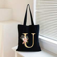 Sacola de Lona Preta Personalizada com Estampa Floral Dourada de Letra A-Z, Sacola de Compras da Moda, Bolsa de Uso Diário, Presente de Aniversário para Mulheres, Presente para Namorada, Lembrança Personalizada de Dama de Honra