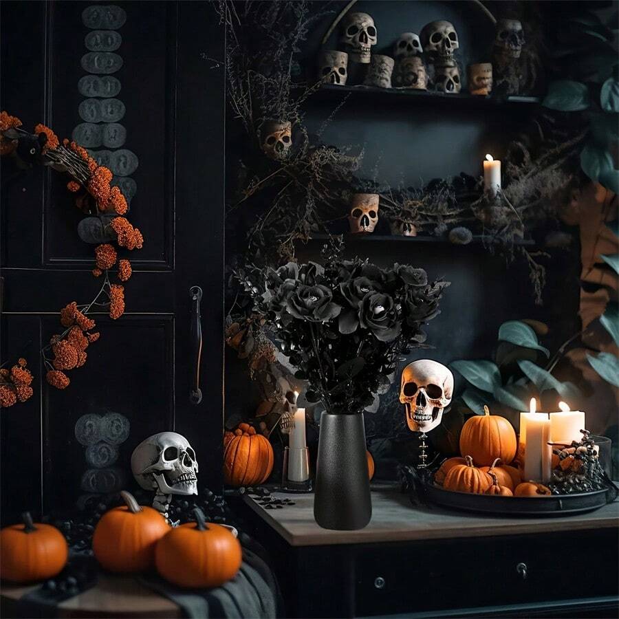 3 件装万圣节黑色人造玫瑰花带眼球假丝绸玫瑰花束适用于万圣节派对装饰家居婚礼装饰 - 彩色 - 查看 1