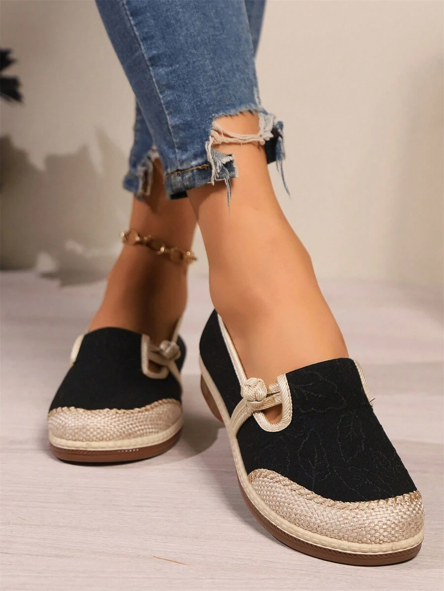 女式刺绣亚麻圆头一脚蹬休闲乐福鞋 - 黑色 - 查看 1