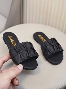 儿童时尚一脚蹬凉鞋夏季平底鞋新款系带凉鞋高跟可爱女童沙滩鞋 - 黑色 - 查看 4