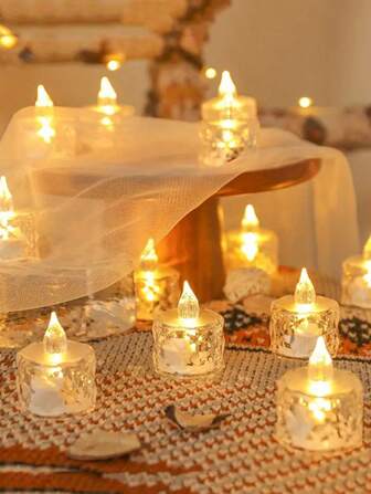 2/3/5/12/24 piezas Luz de vela electrónica de cristal acrílico con patrón, luz de vela de té con proyección de patrón de rosa, vela sin llama simulada para boda, Día de San Valentín, vacaciones, decoración del hogar, decoración de mesa de Navidad