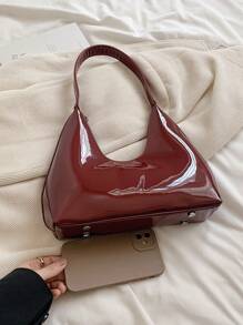 Korean Style Minimalistic Red Lacquered Baguette Crescent Shoulder Bag For Women, Premium Handbag