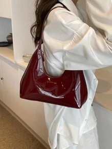 Korean Style Minimalistic Red Lacquered Baguette Crescent Shoulder Bag For Women, Premium Handbag