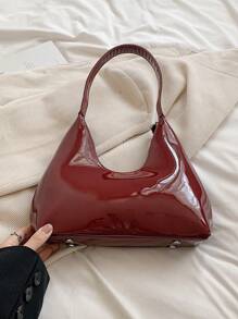 Korean Style Minimalistic Red Lacquered Baguette Crescent Shoulder Bag For Women, Premium Handbag