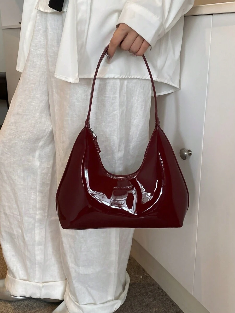 Korean Style Minimalistic Red Lacquered Baguette Crescent Shoulder Bag For Women, Premium Handbag