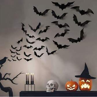 12 Piezas/48 Piezas/96 Piezas Murciélagos negros 3D de Halloween Pegatinas para decoración de pared, decoración de fiesta, Navidad