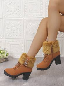 Women's Fashion Versatile Fluffy Panel Metal Buckle Decor Round Toe Ankle Boots, Chunky Heel, Elegant Style, Leather Material, Classic Short Boots, Autumn Winter