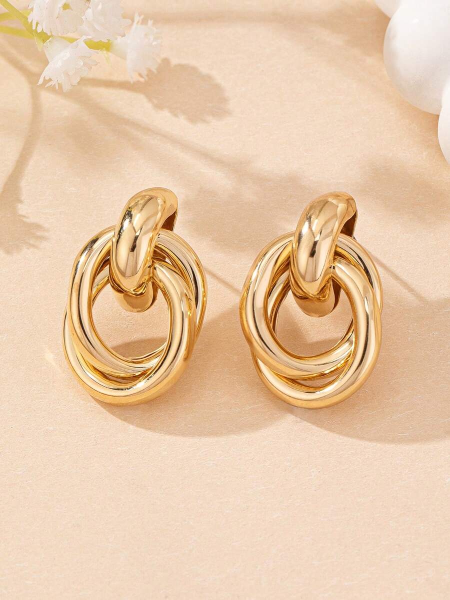 1pair Metal Circular Button Hoop Earrings, Everyday Wear For Women - Long Golden Yellow - View 1