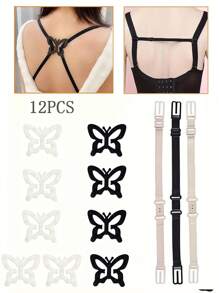 Set de 12 cierres invisibles para sujetador con formas de mariposa, corazón y flor de ciruelo, solución perfecta para correas de sujetador que se resbalan, cuidado del Body para viajes, deportes, al aire libre, cinturones de enfriamiento para el verano, playa y viajes