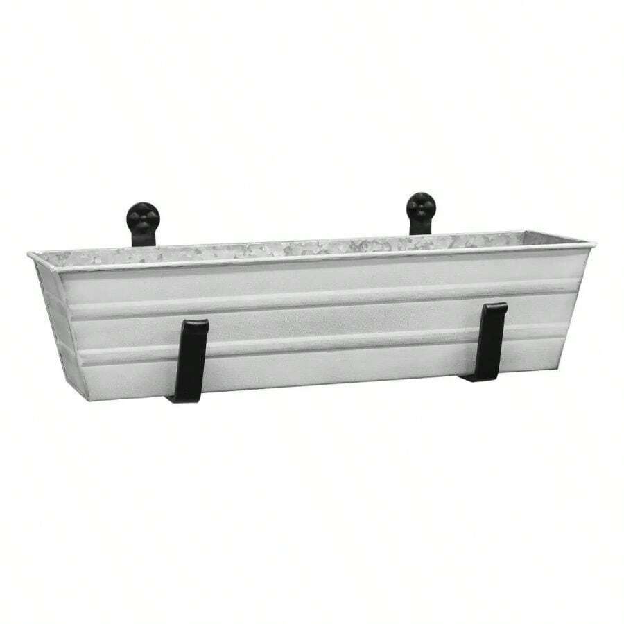 Small Galvanized Rectangular Planter Box With Wall Brackets White Wrought Iron, Cape Cod Style
