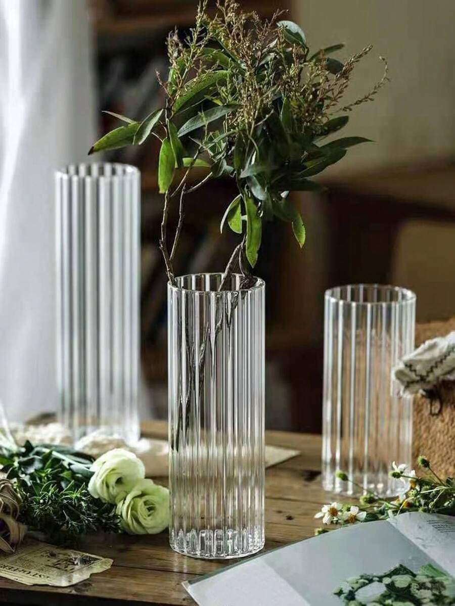 1pc Transparent Striped Glass Vase, Nordic Style Luxurious Home Decor Vase For Office, Bedroom, Bathroom, Hydroponics, Living Room Floral Arrangement - Clear - View 1