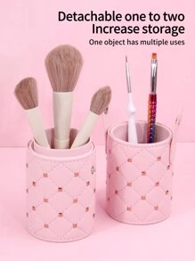 High-Grade Pu Black Makeup Brush Storage Tube Rhinestone & Square Grid & Stud Pattern Small Makeup Brush Holder, Multifunctional Nail Brush Storage Pen Holder - Pink - View 4