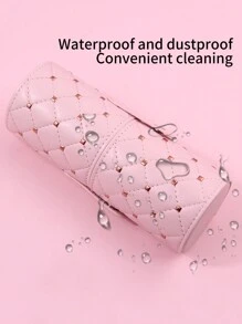 High-Grade Pu Black Makeup Brush Storage Tube Rhinestone & Square Grid & Stud Pattern Small Makeup Brush Holder, Multifunctional Nail Brush Storage Pen Holder - Pink - View 3