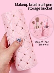 High-Grade Pu Black Makeup Brush Storage Tube Rhinestone & Square Grid & Stud Pattern Small Makeup Brush Holder, Multifunctional Nail Brush Storage Pen Holder - Pink - View 2