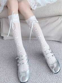 2 pares de calcetines hasta la rodilla con adorno de encaje y lazo, estilo lolita, para mujer, primavera/verano