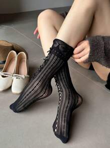 2 pares de calcetines hasta la rodilla con adorno de encaje y lazo, estilo lolita, para mujer, primavera/verano