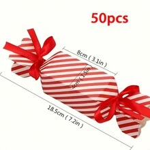 50 件欧式条纹糖果包装盒，带丝带的圣诞糖果礼盒，红色条纹纸质礼盒，适用于婚礼、新娘送礼会、生日、乔迁、狂欢节、圣诞节、感恩节、新年、毕业典礼 - 多功能派对礼盒 - 圣诞糖果盒 - 万圣节糖果盒 - 紅色 - 查看 2