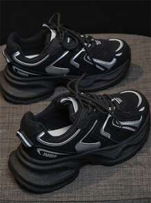 女士银色厚底运动鞋，2025年春季新款时尚、轻便、厚底、百搭、透气网眼休闲运动鞋 - 黑色 - 查看 4